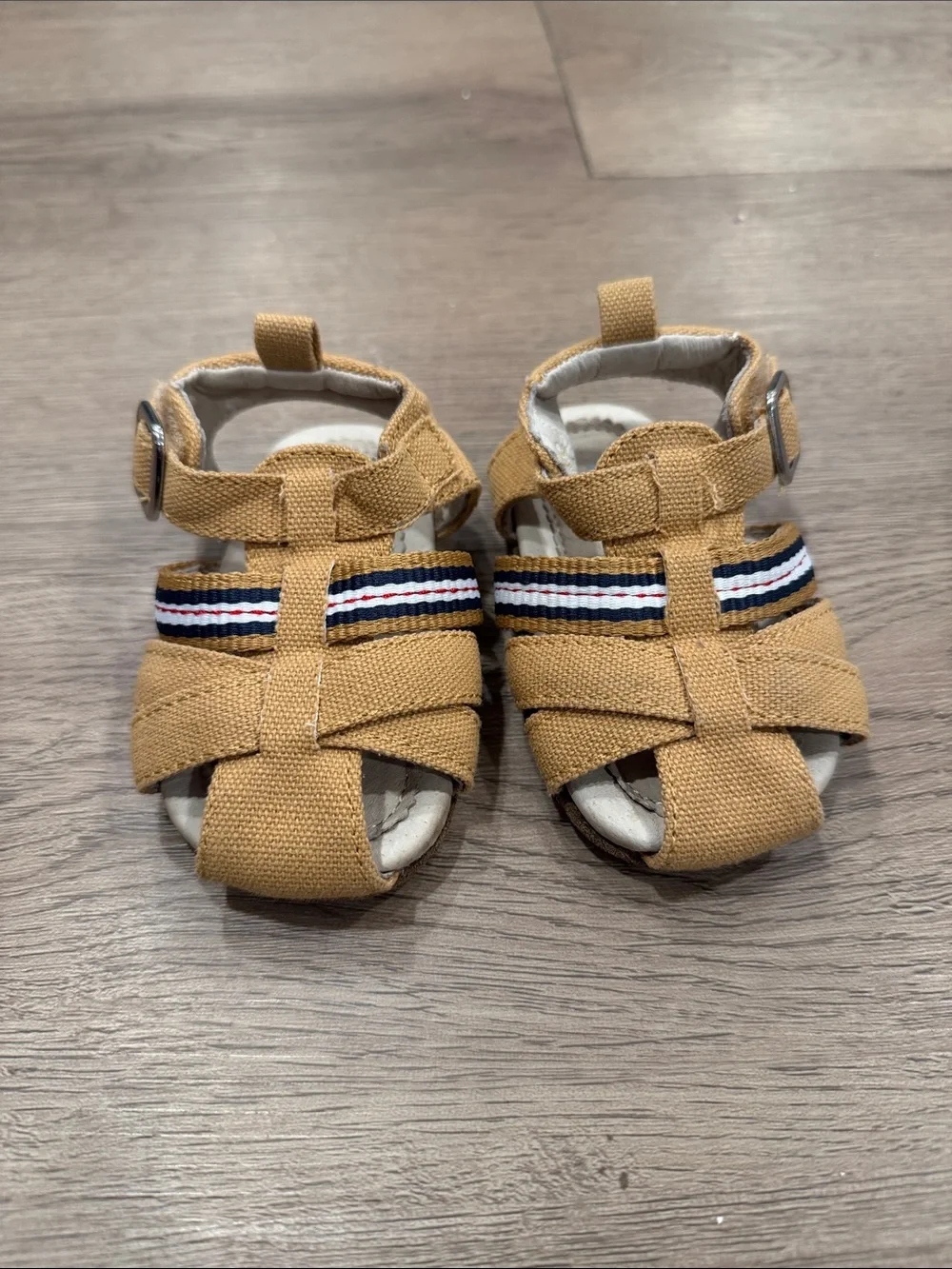 Robeez Baby Tan Canvas Sandals with Striped Accent